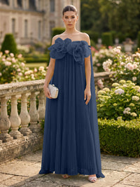 Chiffon A-Line/Princess Off Shoulder Floor-Length Formal Dresses with 3D Flowers & Pleats