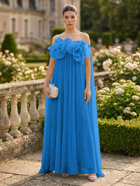 Chiffon A-Line/Princess Off Shoulder Floor-Length Formal Dresses with 3D Flowers & Pleats