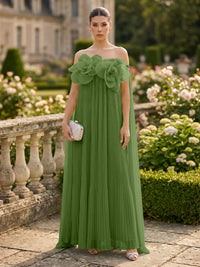 Chiffon A-Line/Princess Off Shoulder Floor-Length Formal Dresses with 3D Flowers & Pleats