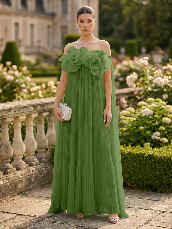 Chiffon A-Line/Princess Off Shoulder Floor-Length Formal Dresses with 3D Flowers & Pleats