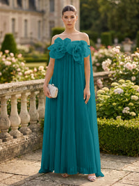 Chiffon A-Line/Princess Off Shoulder Floor-Length Formal Dresses with 3D Flowers & Pleats