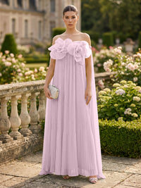 Chiffon A-Line/Princess Off Shoulder Floor-Length Formal Dresses with 3D Flowers & Pleats