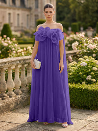 Chiffon A-Line/Princess Off Shoulder Floor-Length Formal Dresses with 3D Flowers & Pleats