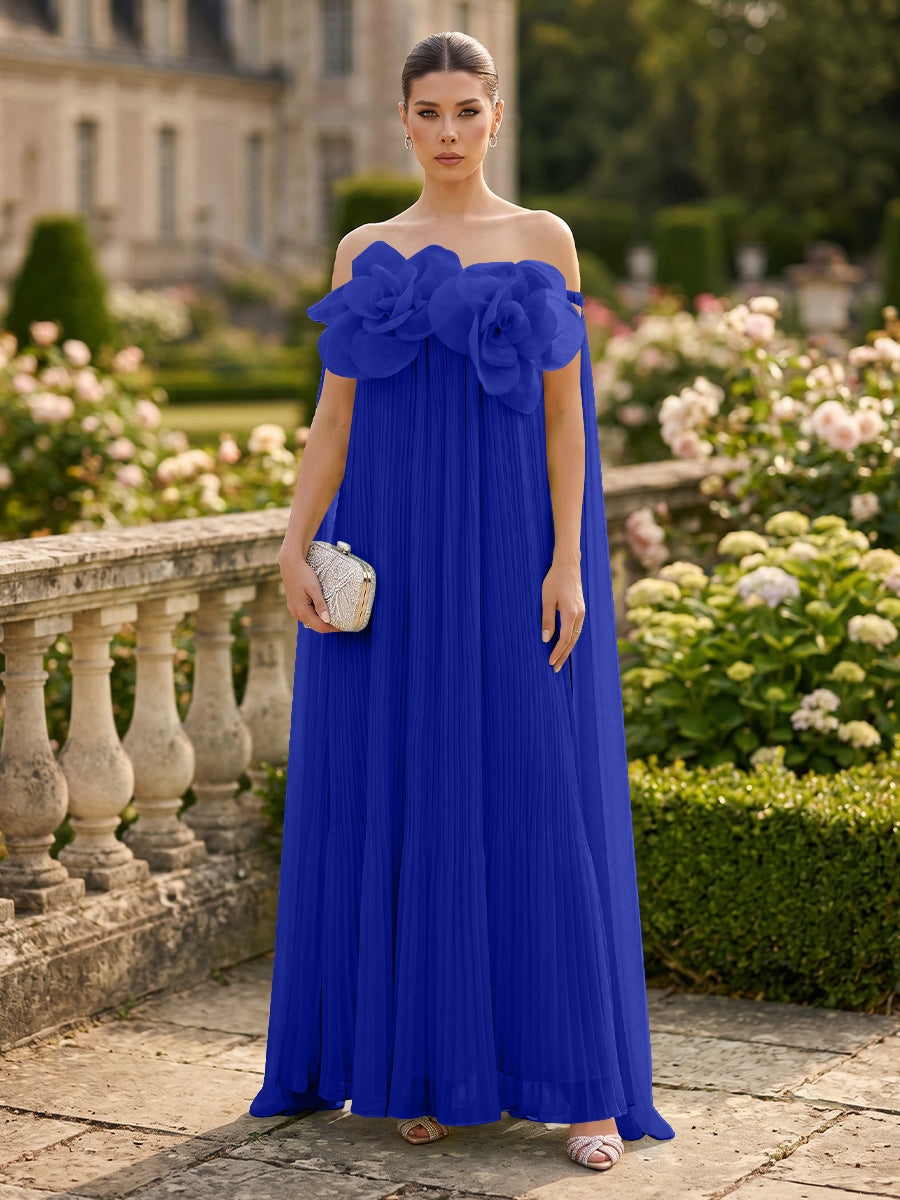 Chiffon A-Line/Princess Off Shoulder Floor-Length Formal Dresses with 3D Flowers & Pleats