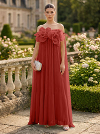 Chiffon A-Line/Princess Off Shoulder Floor-Length Formal Dresses with 3D Flowers & Pleats