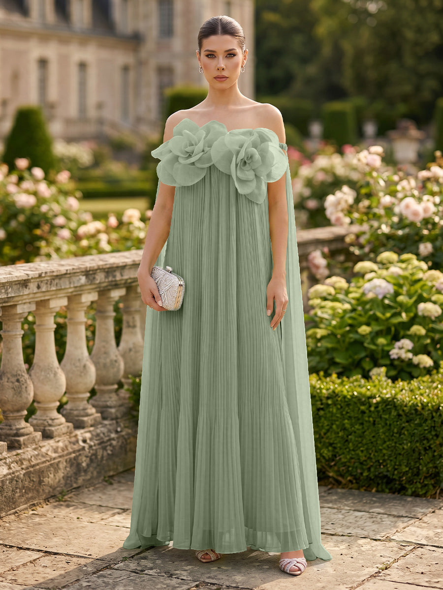 Chiffon A-Line/Princess Off Shoulder Floor-Length Formal Dresses with 3D Flowers & Pleats