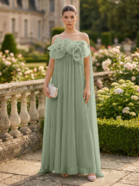 Chiffon A-Line/Princess Off Shoulder Floor-Length Formal Dresses with 3D Flowers & Pleats