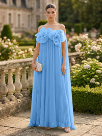 Chiffon A-Line/Princess Off Shoulder Floor-Length Formal Dresses with 3D Flowers & Pleats