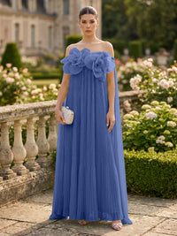 Chiffon A-Line/Princess Off Shoulder Floor-Length Formal Dresses with 3D Flowers & Pleats