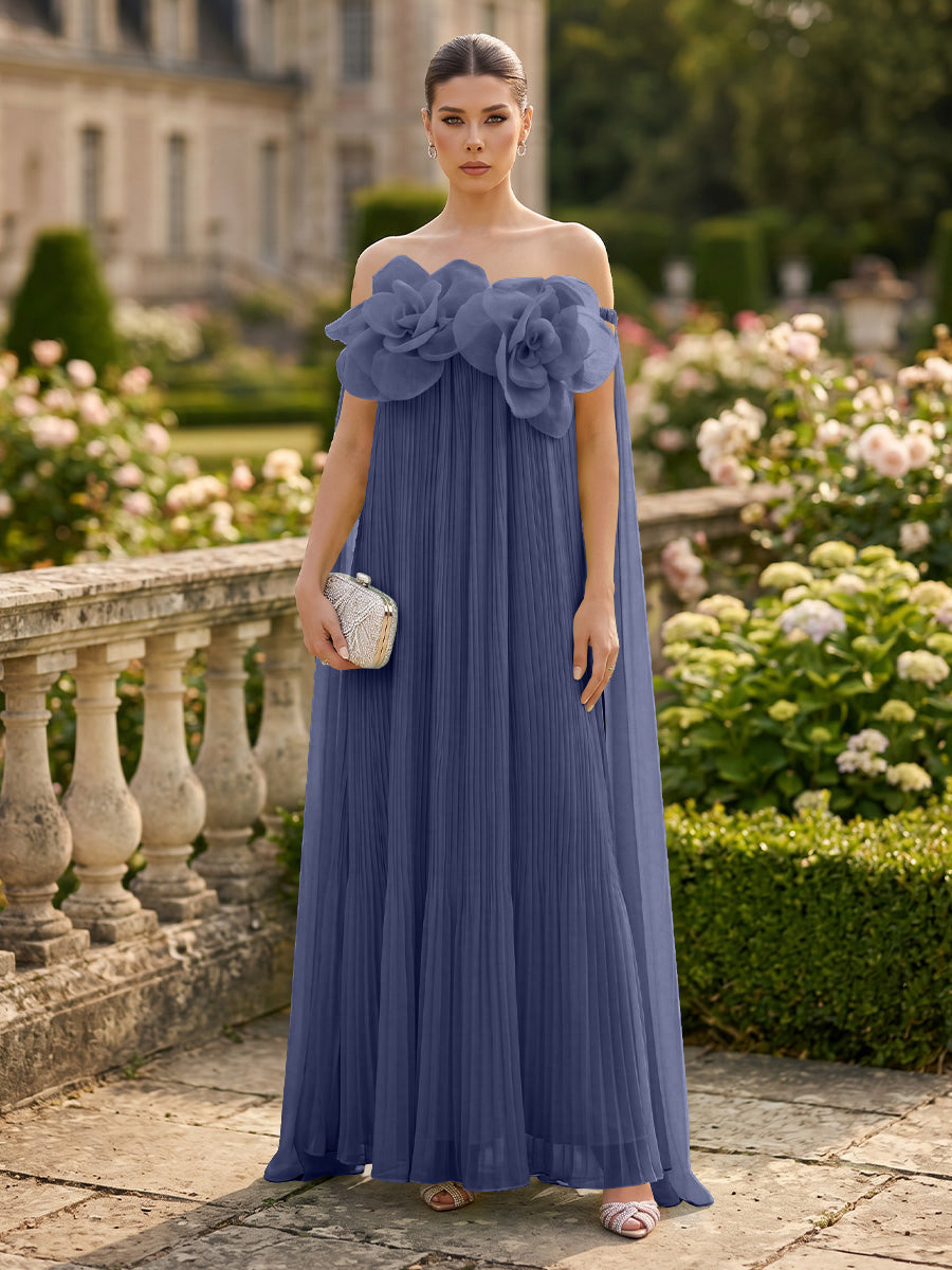 Chiffon A-Line/Princess Off Shoulder Floor-Length Formal Dresses with 3D Flowers & Pleats
