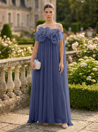 Chiffon A-Line/Princess Off Shoulder Floor-Length Formal Dresses with 3D Flowers & Pleats