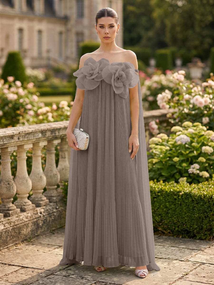Chiffon A-Line/Princess Off Shoulder Floor-Length Formal Dresses with 3D Flowers & Pleats