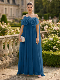 Chiffon A-Line/Princess Off Shoulder Floor-Length Formal Dresses with 3D Flowers & Pleats