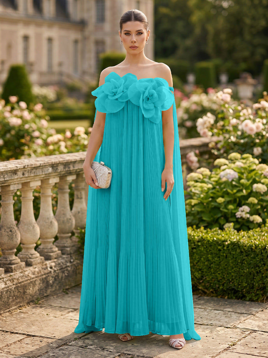 Chiffon A-Line/Princess Off Shoulder Floor-Length Formal Dresses with 3D Flowers & Pleats
