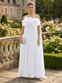 Chiffon A-Line/Princess Off Shoulder Floor-Length Formal Dresses with 3D Flowers & Pleats
