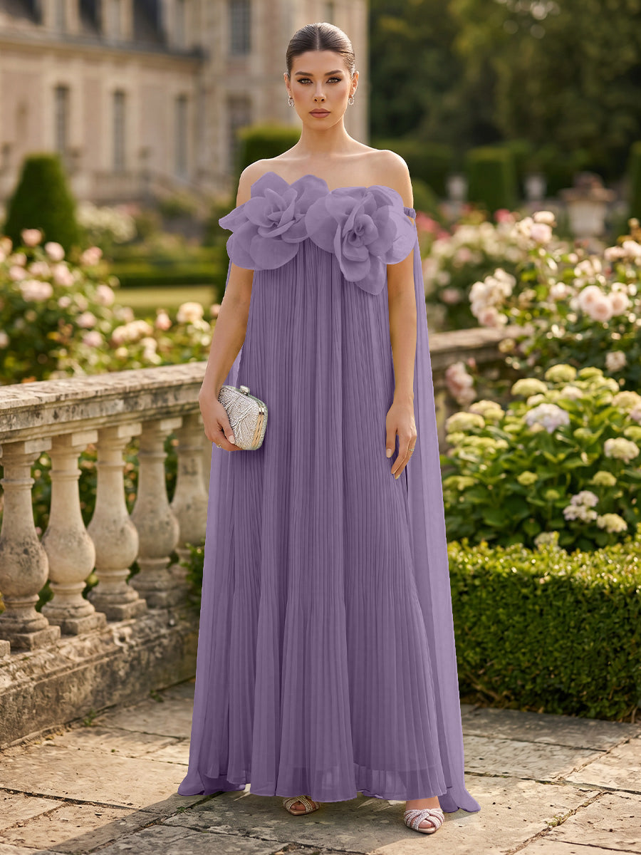 Chiffon A-Line/Princess Off Shoulder Floor-Length Formal Dresses with 3D Flowers & Pleats