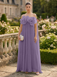 Chiffon A-Line/Princess Off Shoulder Floor-Length Formal Dresses with 3D Flowers & Pleats