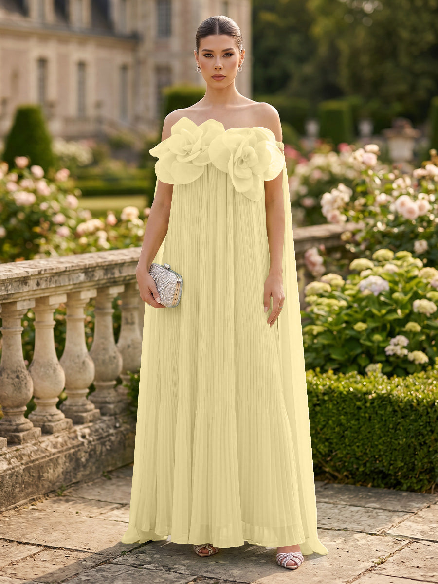 Chiffon A-Line/Princess Off Shoulder Floor-Length Formal Dresses with 3D Flowers & Pleats