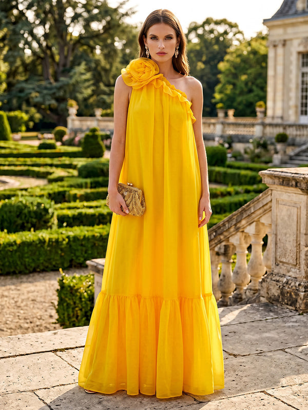 Chiffon A-Line/Princess One Shoulder Floor-Length Formal Dresses with 3D Flowers