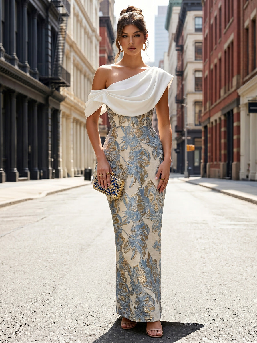 Jacquard Sheath/Column Off Shoulder Floor-Length Formal Dresses with Chic Colorblock Detail