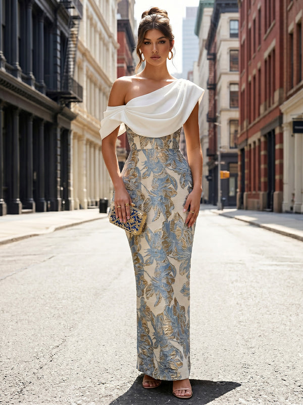 Jacquard Sheath/Column Off Shoulder Floor-Length Formal Dresses with Chic Colorblock Detail