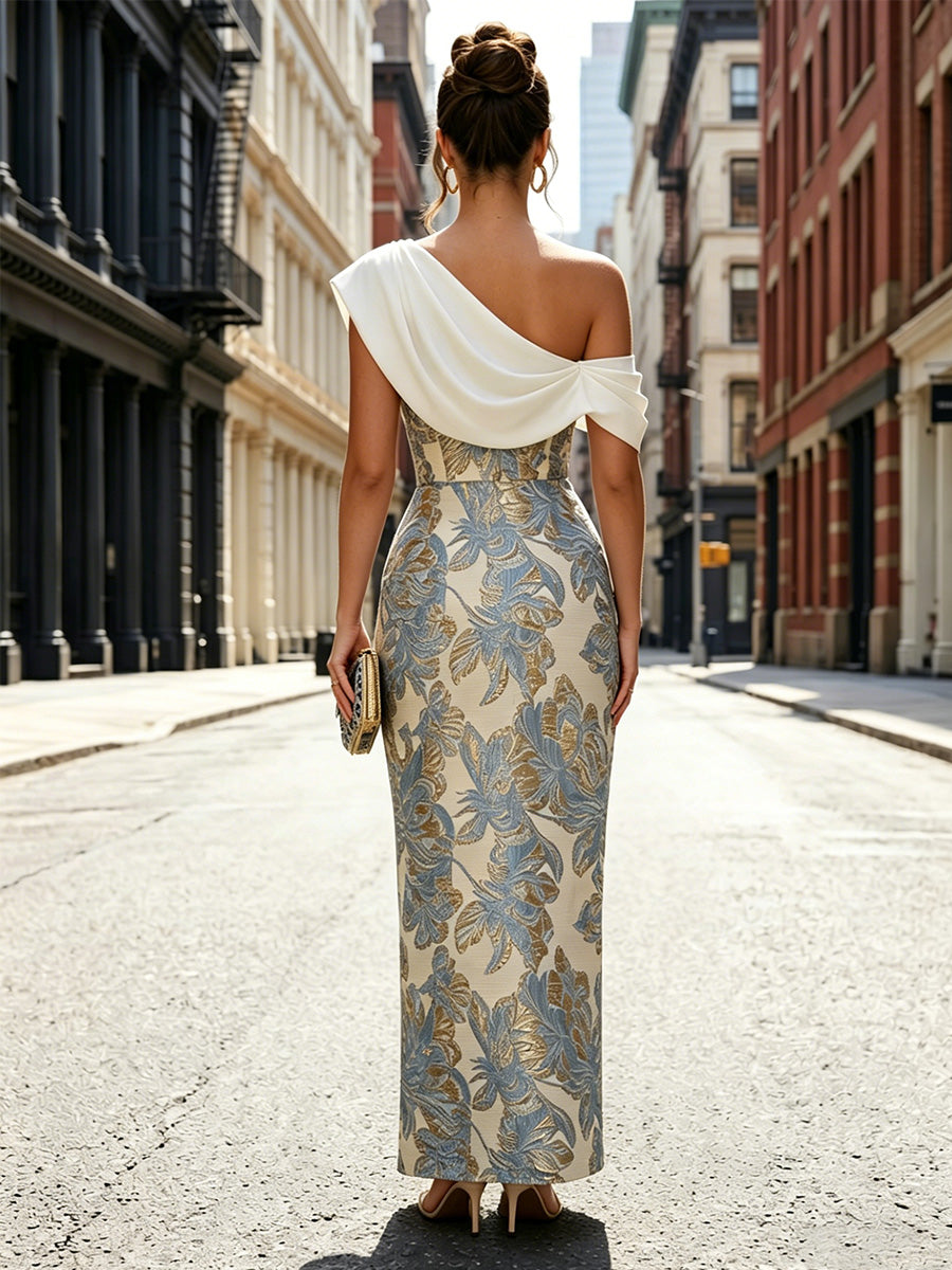 Jacquard Sheath/Column Off Shoulder Floor-Length Formal Dresses with Chic Colorblock Detail
