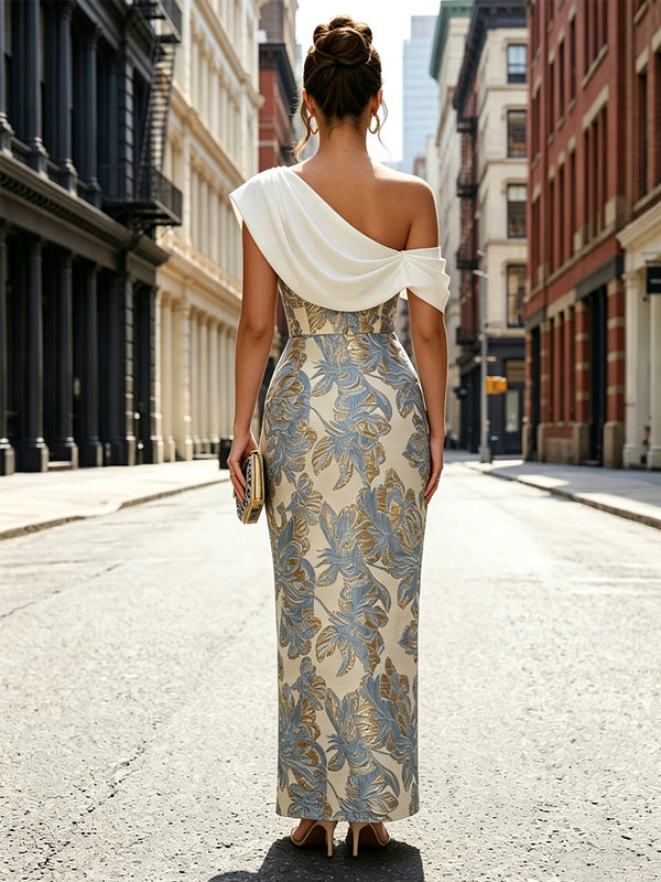 Jacquard Sheath/Column Off Shoulder Floor-Length Formal Dresses with Chic Colorblock Detail