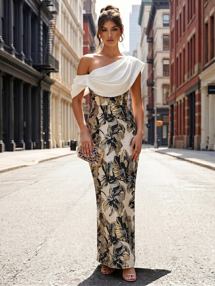 Jacquard Sheath/Column Off Shoulder Floor-Length Formal Dresses with Chic Colorblock Detail