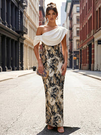 Jacquard Sheath/Column Off Shoulder Floor-Length Formal Dresses with Chic Colorblock Detail