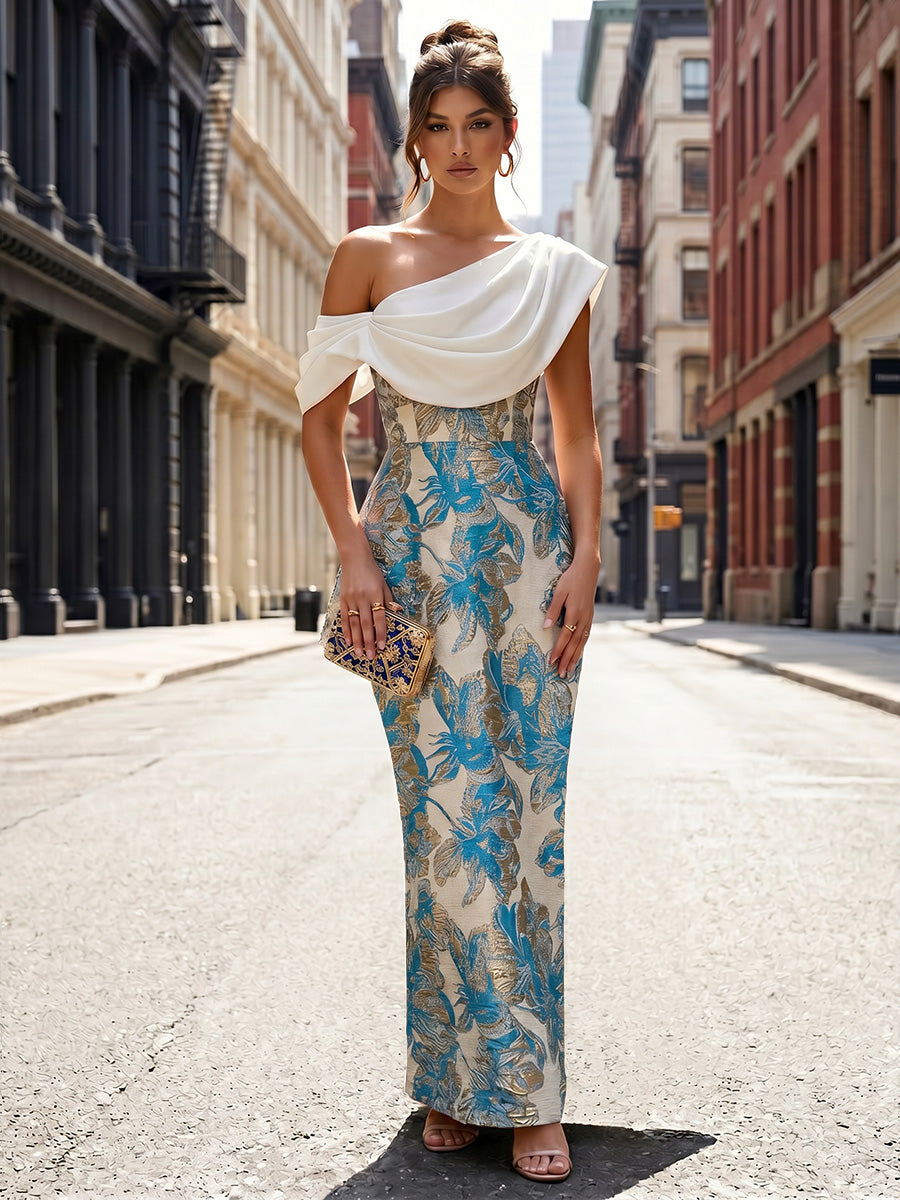 Jacquard Sheath/Column Off Shoulder Floor-Length Formal Dresses with Chic Colorblock Detail
