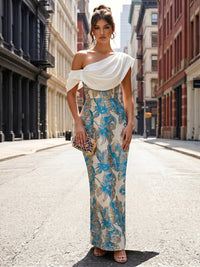 Jacquard Sheath/Column Off Shoulder Floor-Length Formal Dresses with Chic Colorblock Detail