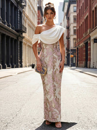 Jacquard Sheath/Column Off Shoulder Floor-Length Formal Dresses with Chic Colorblock Detail