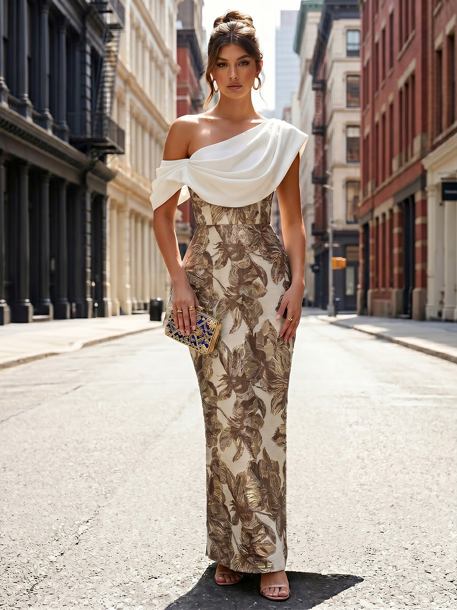 Jacquard Sheath/Column Off Shoulder Floor-Length Formal Dresses with Chic Colorblock Detail