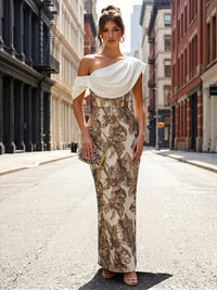 Jacquard Sheath/Column Off Shoulder Floor-Length Formal Dresses with Chic Colorblock Detail