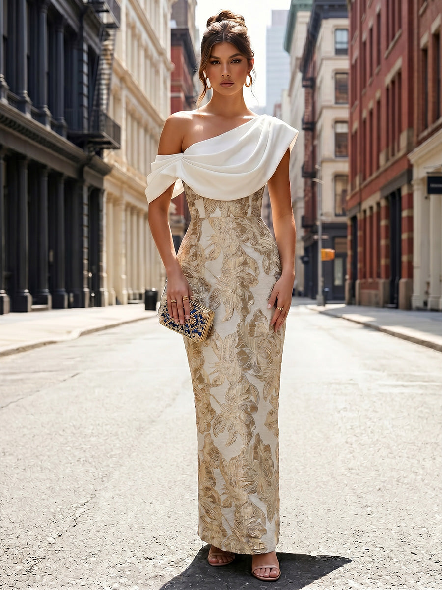Jacquard Sheath/Column Off Shoulder Floor-Length Formal Dresses with Chic Colorblock Detail