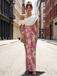 Jacquard Sheath/Column Off Shoulder Floor-Length Formal Dresses with Chic Colorblock Detail