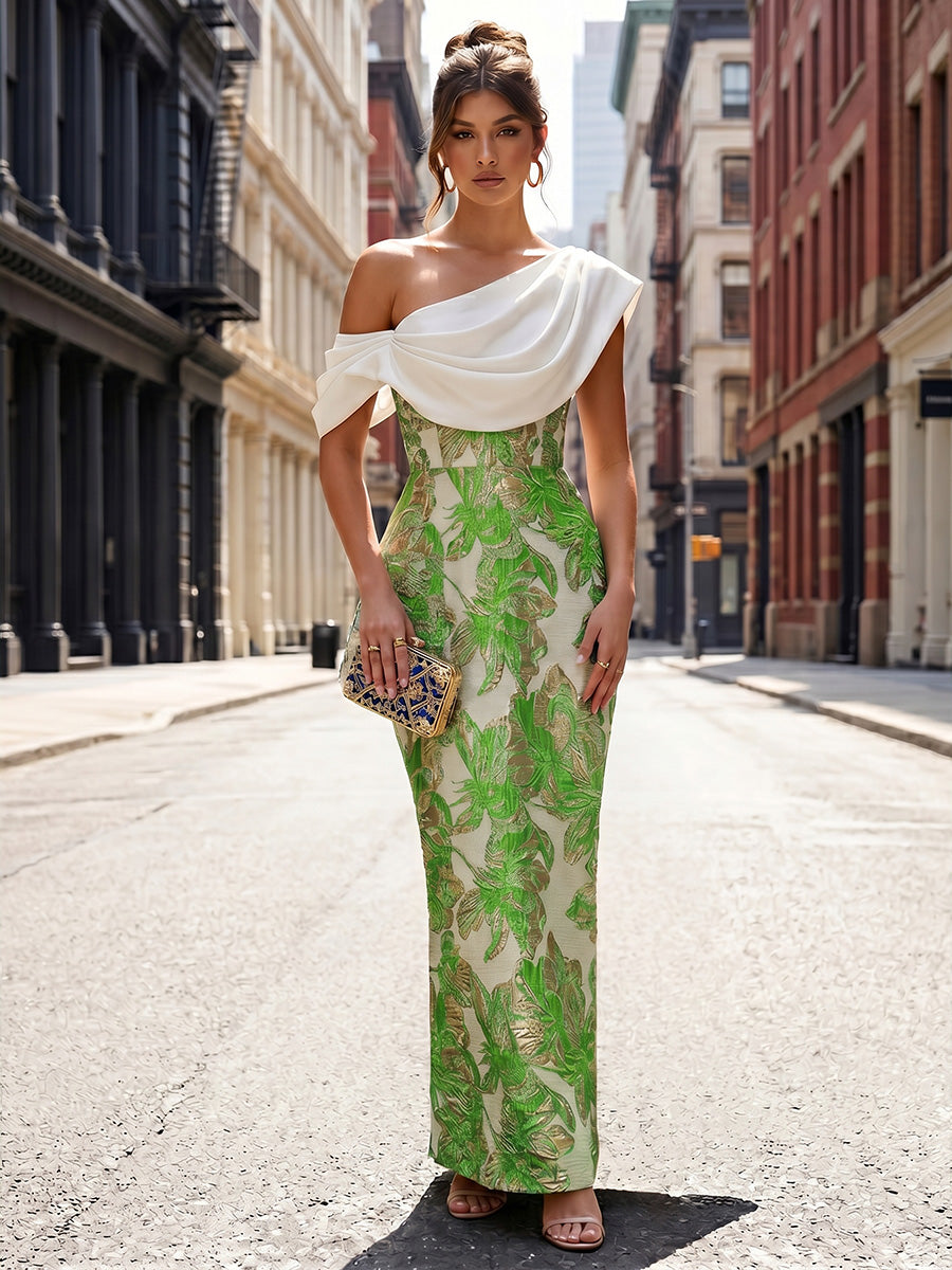 Jacquard Sheath/Column Off Shoulder Floor-Length Formal Dresses with Chic Colorblock Detail