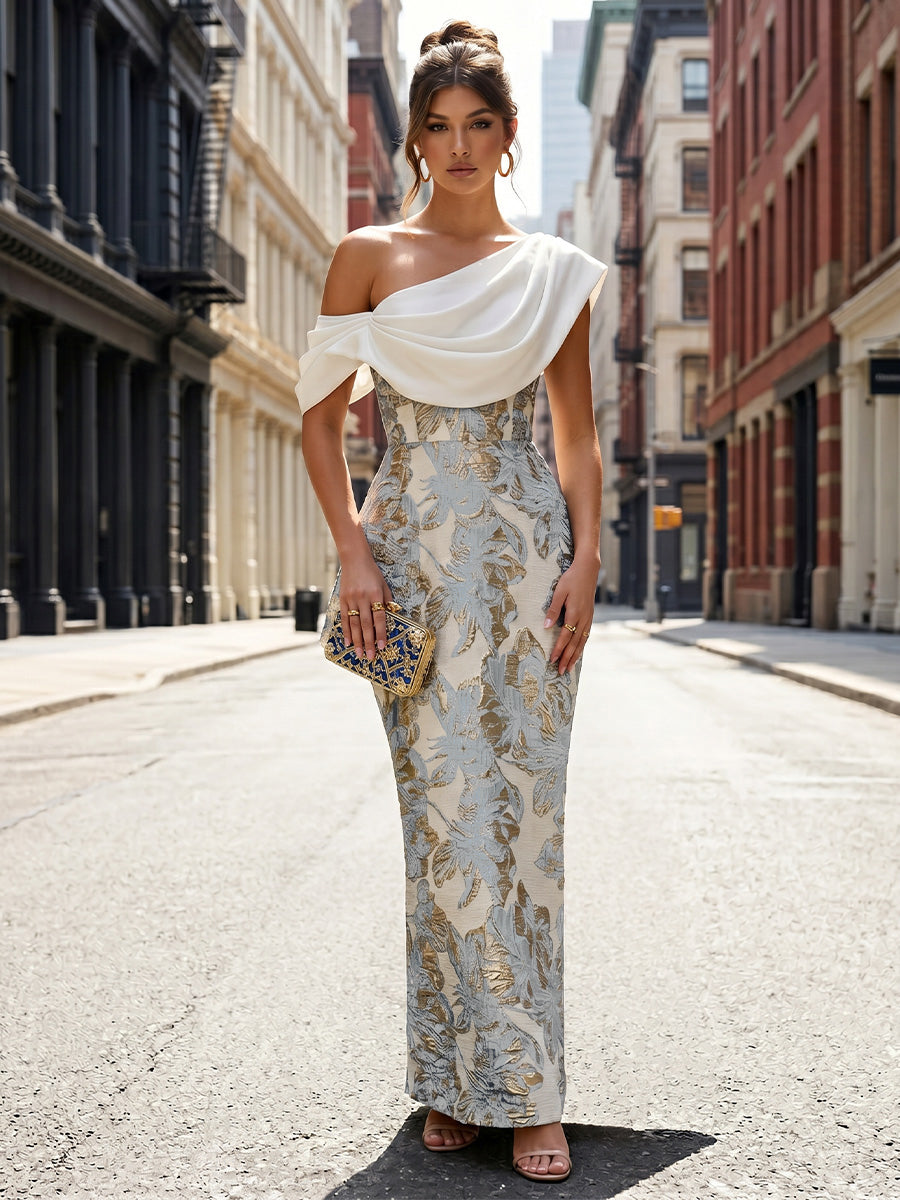 Jacquard Sheath/Column Off Shoulder Floor-Length Formal Dresses with Chic Colorblock Detail