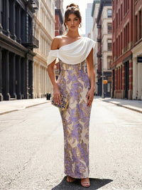 Jacquard Sheath/Column Off Shoulder Floor-Length Formal Dresses with Chic Colorblock Detail