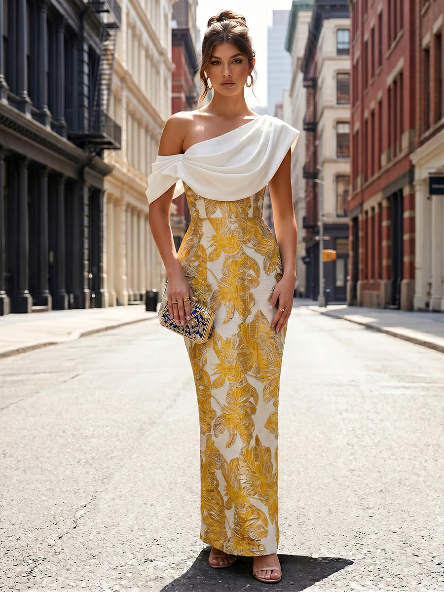 Jacquard Sheath/Column Off Shoulder Floor-Length Formal Dresses with Chic Colorblock Detail
