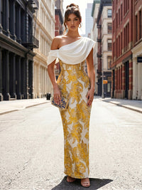 Jacquard Sheath/Column Off Shoulder Floor-Length Formal Dresses with Chic Colorblock Detail