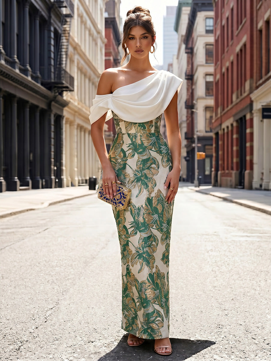 Jacquard Sheath/Column Off Shoulder Floor-Length Formal Dresses with Chic Colorblock Detail