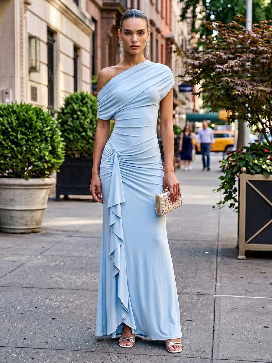 Stretch Mesh Sheath/Column Off Shoulder Floor-Length Formal Dresses with Ruched Waist