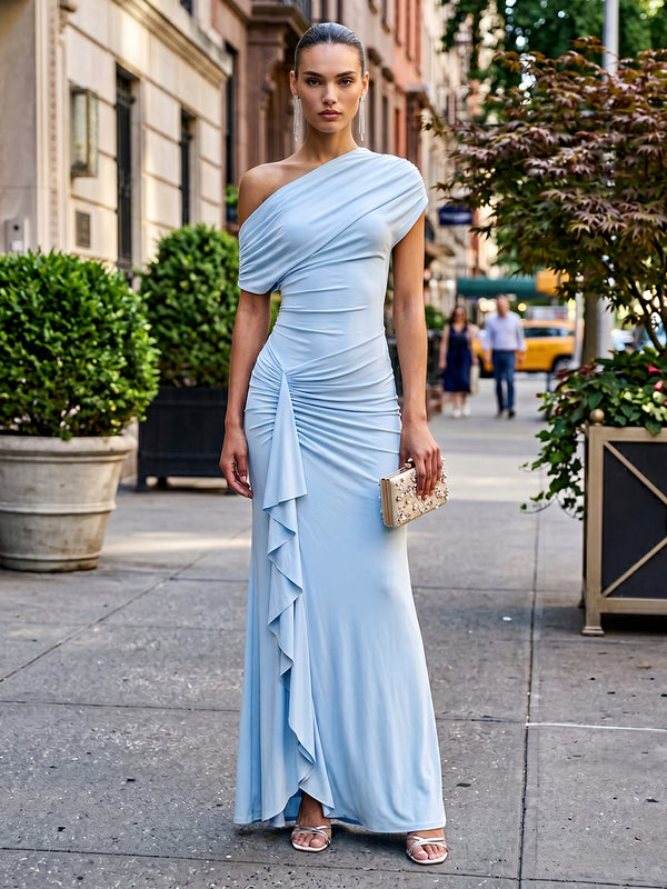 Stretch Mesh Sheath/Column Off Shoulder Floor-Length Formal Dresses with Ruched Waist
