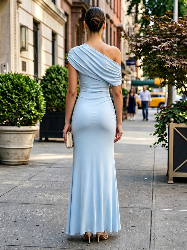Stretch Mesh Sheath/Column Off Shoulder Floor-Length Formal Dresses with Ruched Waist