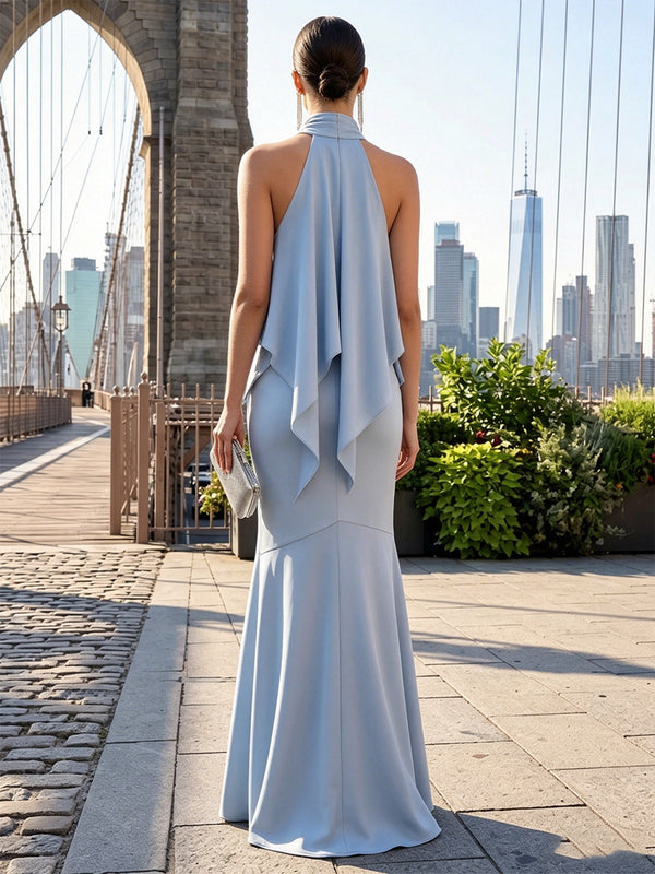 Satin Mermaid/Trumpet Halter Floor-Length Formal Dresses with Scarf