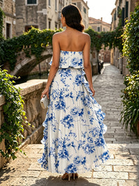 Floral Print A-Line/Princess Strapless Floor-Length Formal Dresses with Ruffles