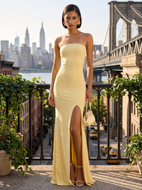 Satin Sheath/Column Strapless Floor-Length Formal Dresses with Slit