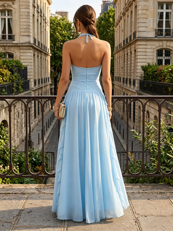 Chiffon A-Line/Princess Halter Floor-Length Formal Dresses with Ruffles