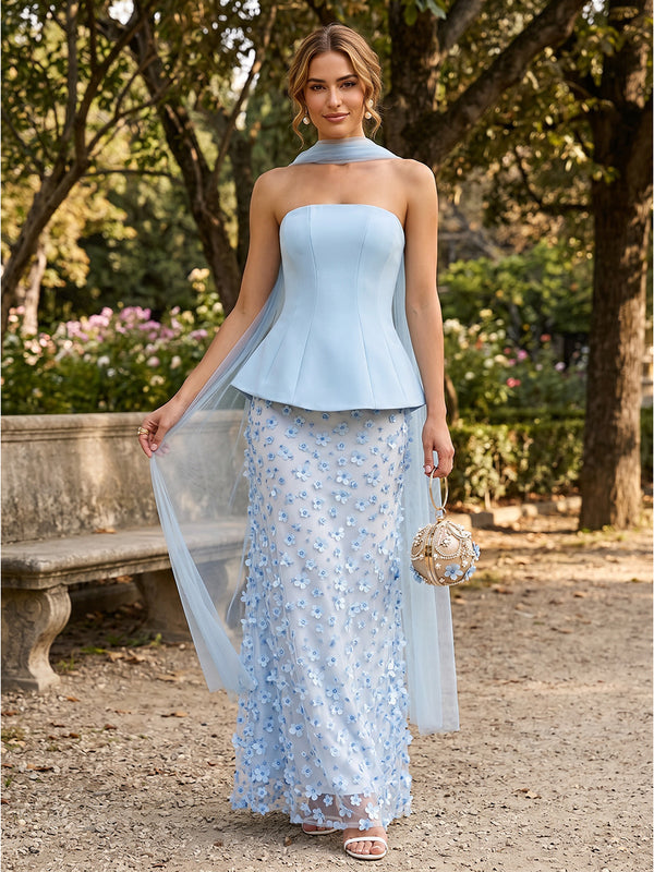 Lace Sheath/Column Strapless Floor-Length Formal Dresses with 3D Flowers